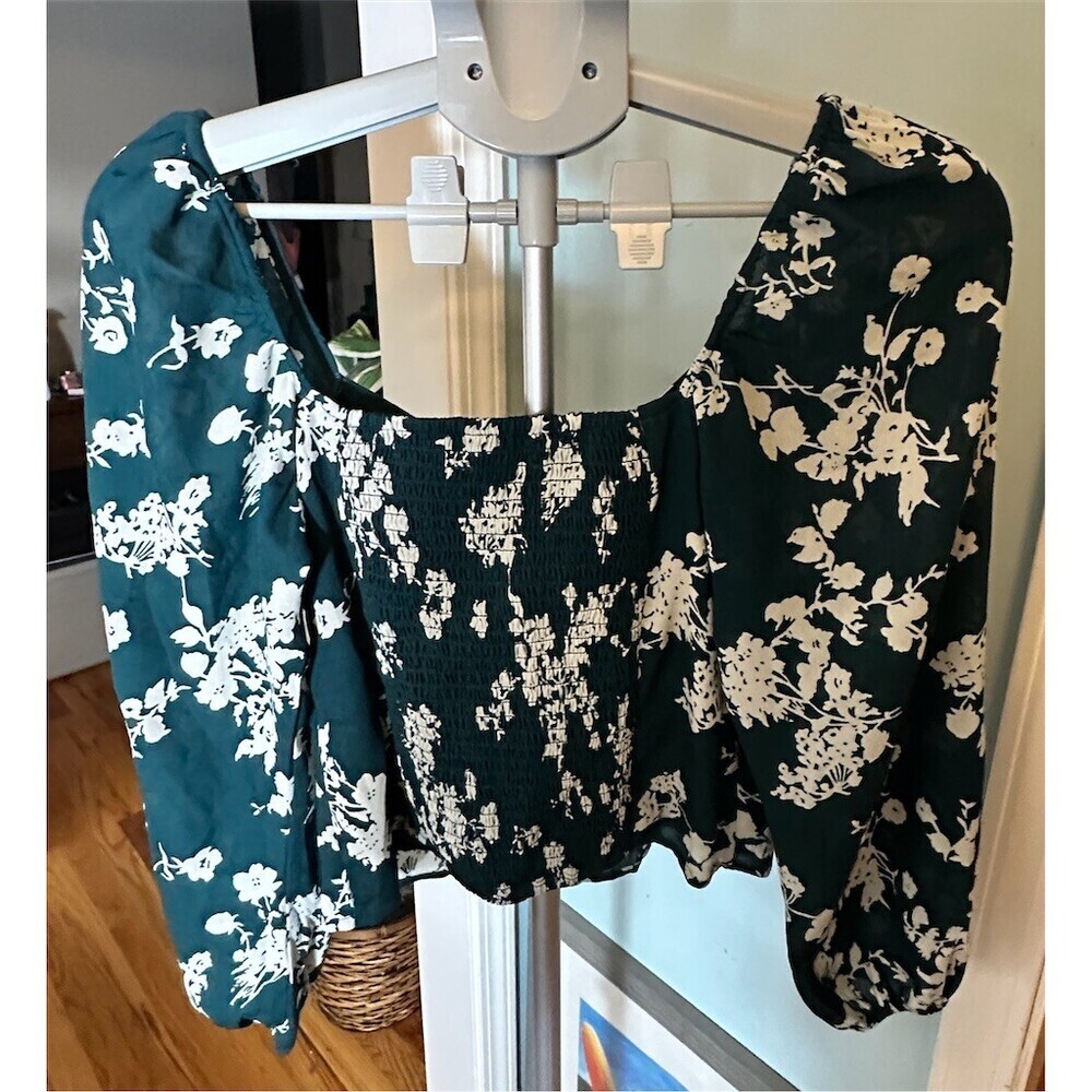 Abercrombie & Fitch Blouse Womens Size S Green Floral Sweetheart Tie - Picture 4 of 8